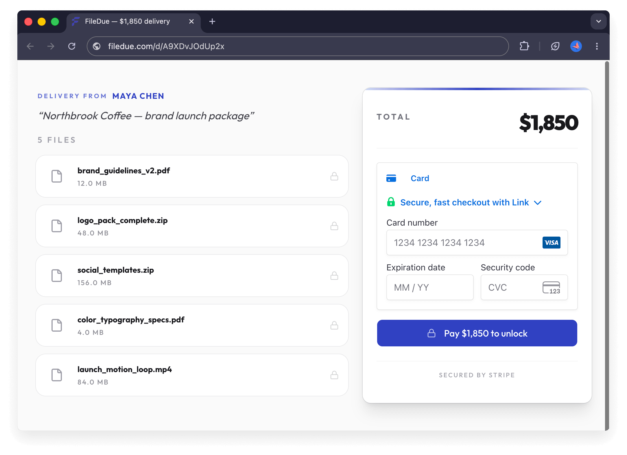 FileDue paid delivery link showing locked files and a Stripe checkout panel